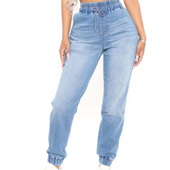 High Waist Drawstring Jogger Pants Elastic Waist Loose Denim Jeans
