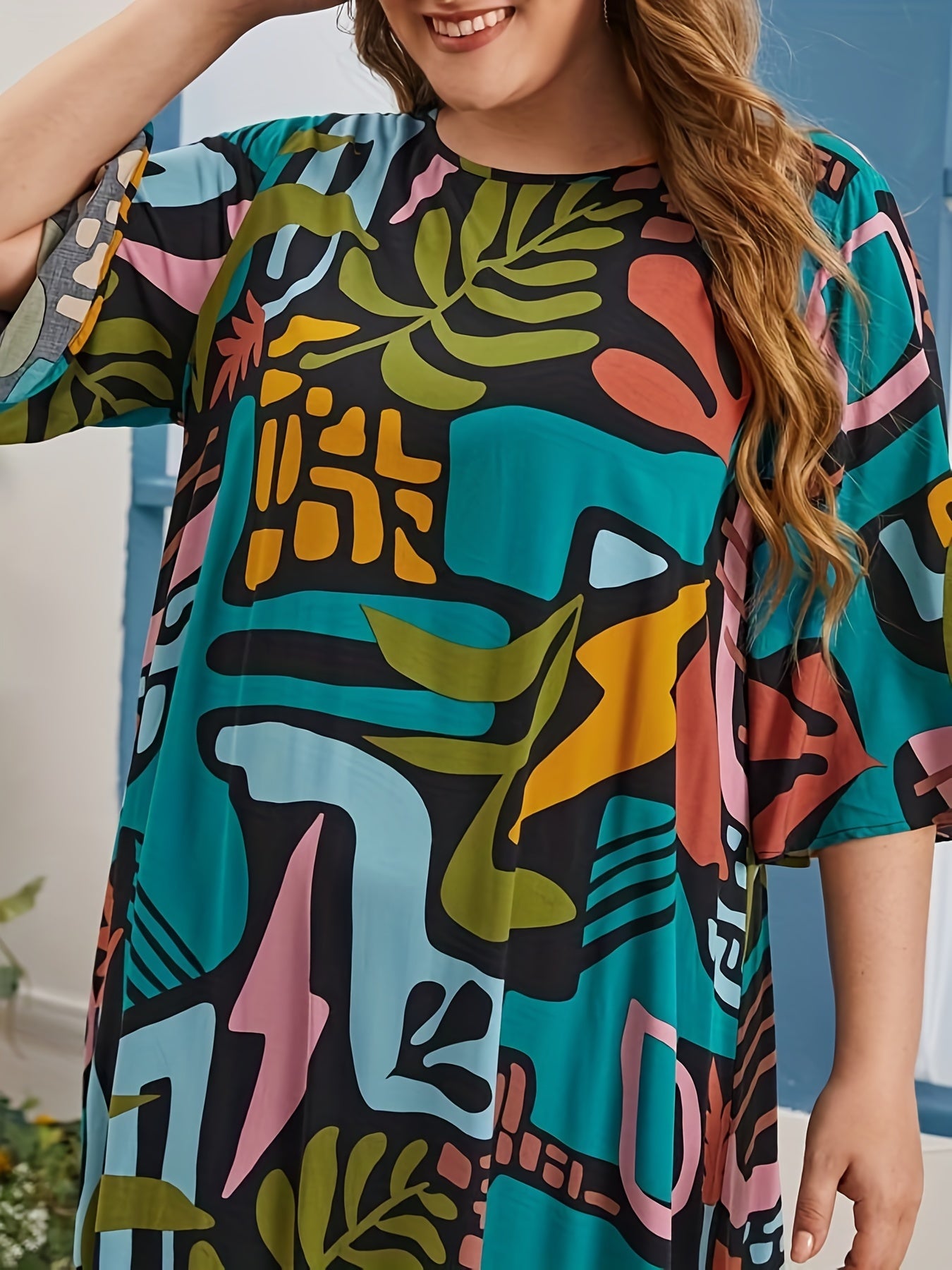 Tropical Print Round Neck Maxi Dress