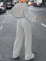 Solid Ribbed Long Sleeve Top & Wide Leg Pants Set