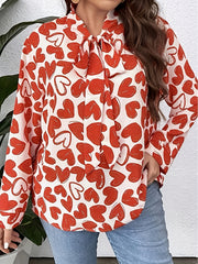 Casual Blouse Allover Heart Print Long Sleeve Bow Knot Tunic Top