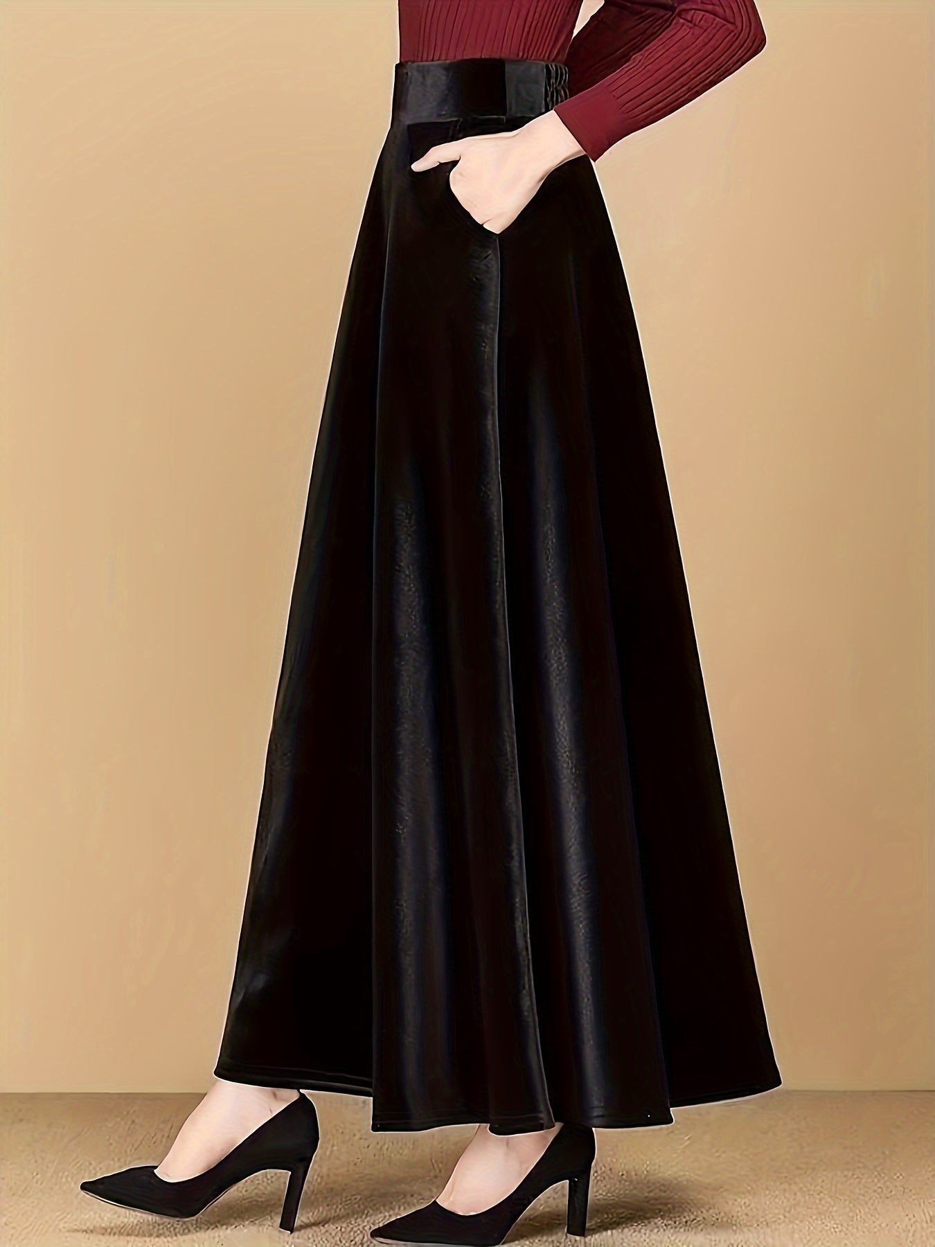 Solid Velvet Elastic High Rise Swing Maxi Skirt