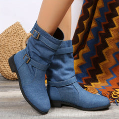 Women's Denim Chunky Heel Boots Slip On Dress Boots