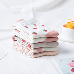 5 Pairs Strawberry Print Socks Women's Crew Stockings