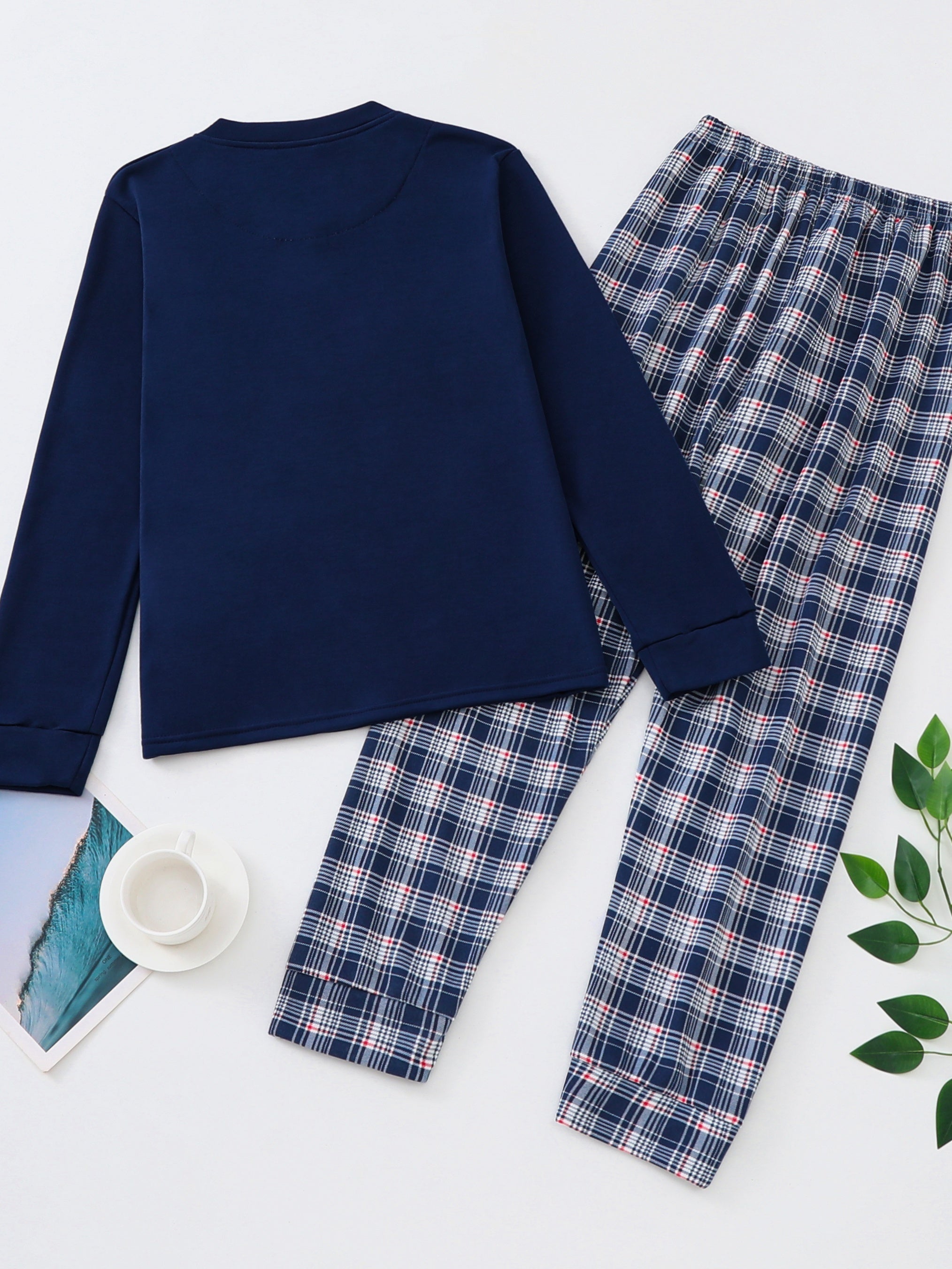 Bunny Print Pajama Set Long Sleeve Top & Plaid Pants