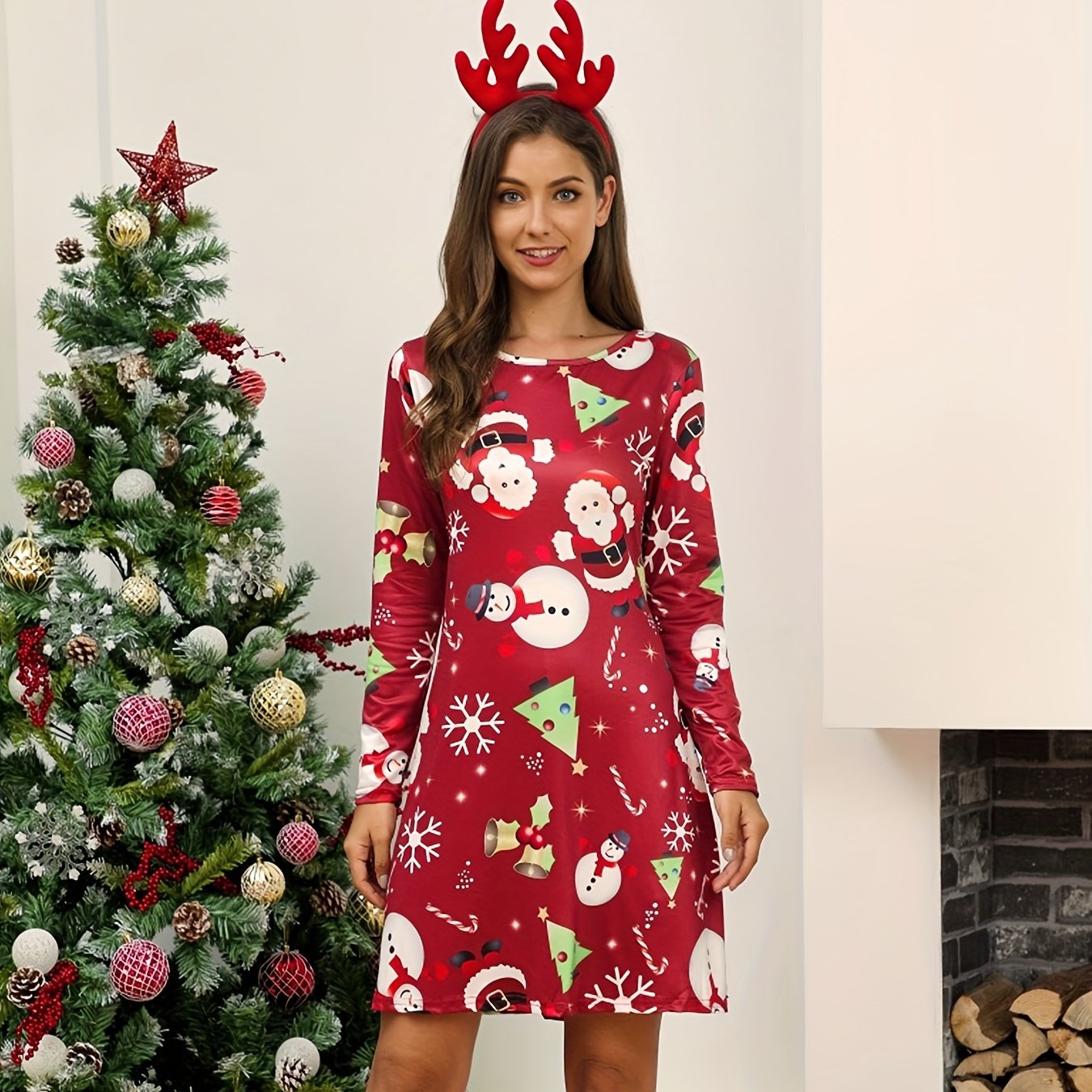 Christmas Dress Women's Plus Print Long Sleeve A line Dress