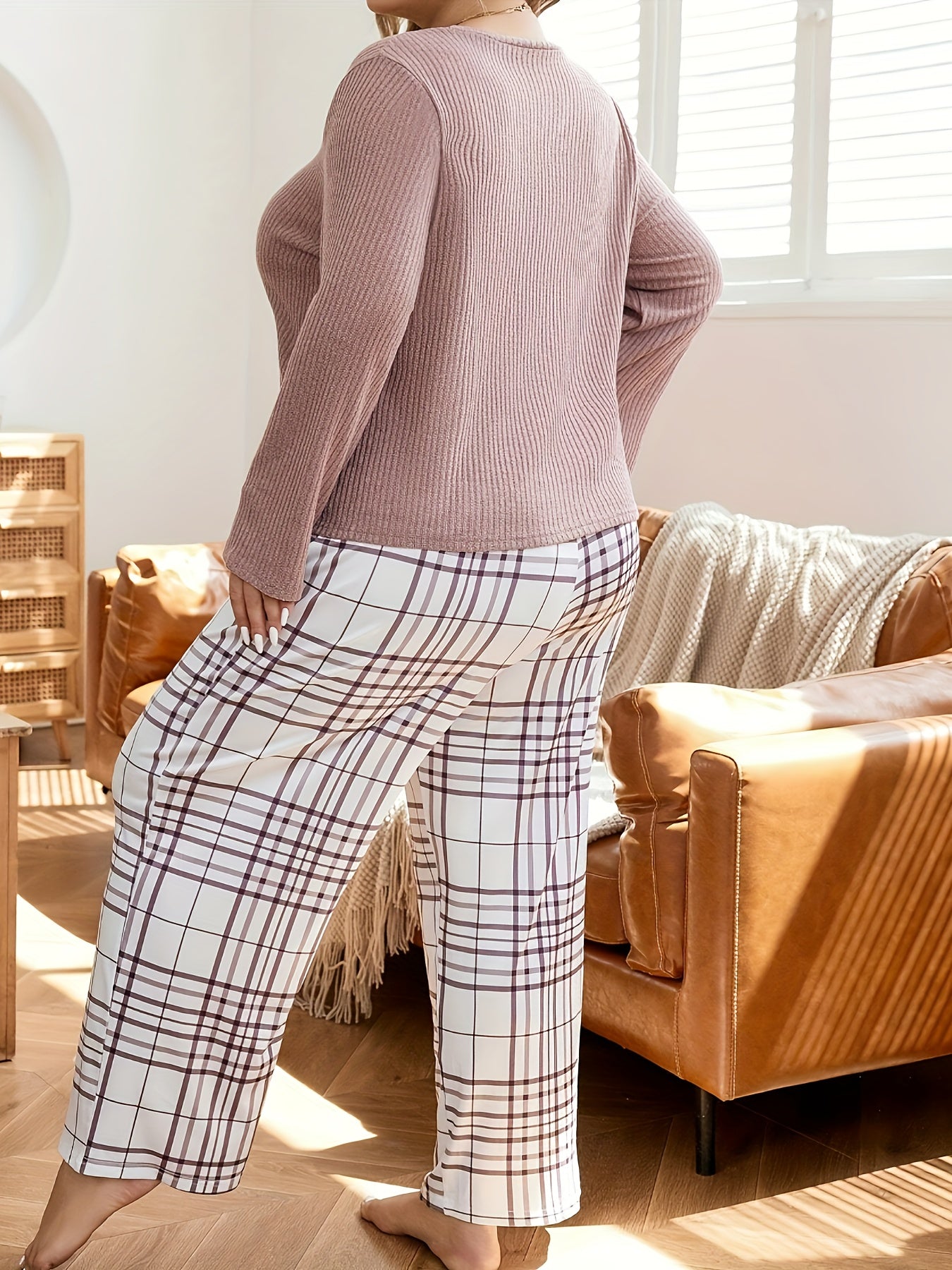 Ribbed Knit Top & Plaid Print Pants Pajamas Set
