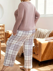 Ribbed Knit Top & Plaid Print Pants Pajamas Set