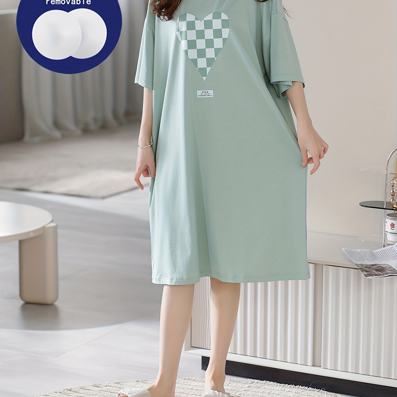 Heart Print Nightdress Short Sleeve Crew Neck Women's Sleepwear