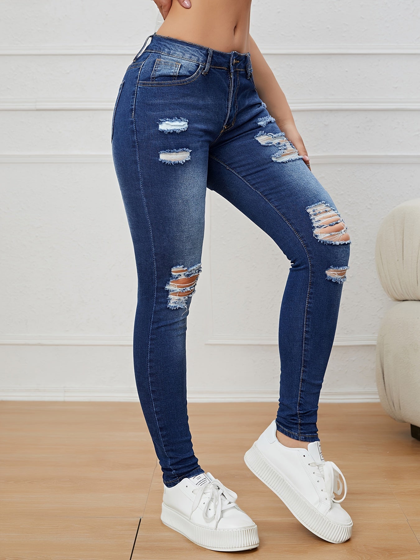 High Rise Ripped Skinny Jeans Water Ripple Embossed Denim Pants