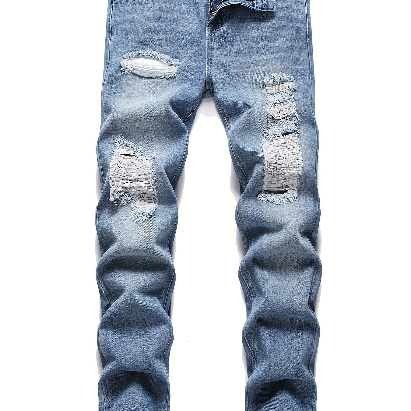Men's Distressed Denim Pants Straight Leg Ripped Cotton Jeans