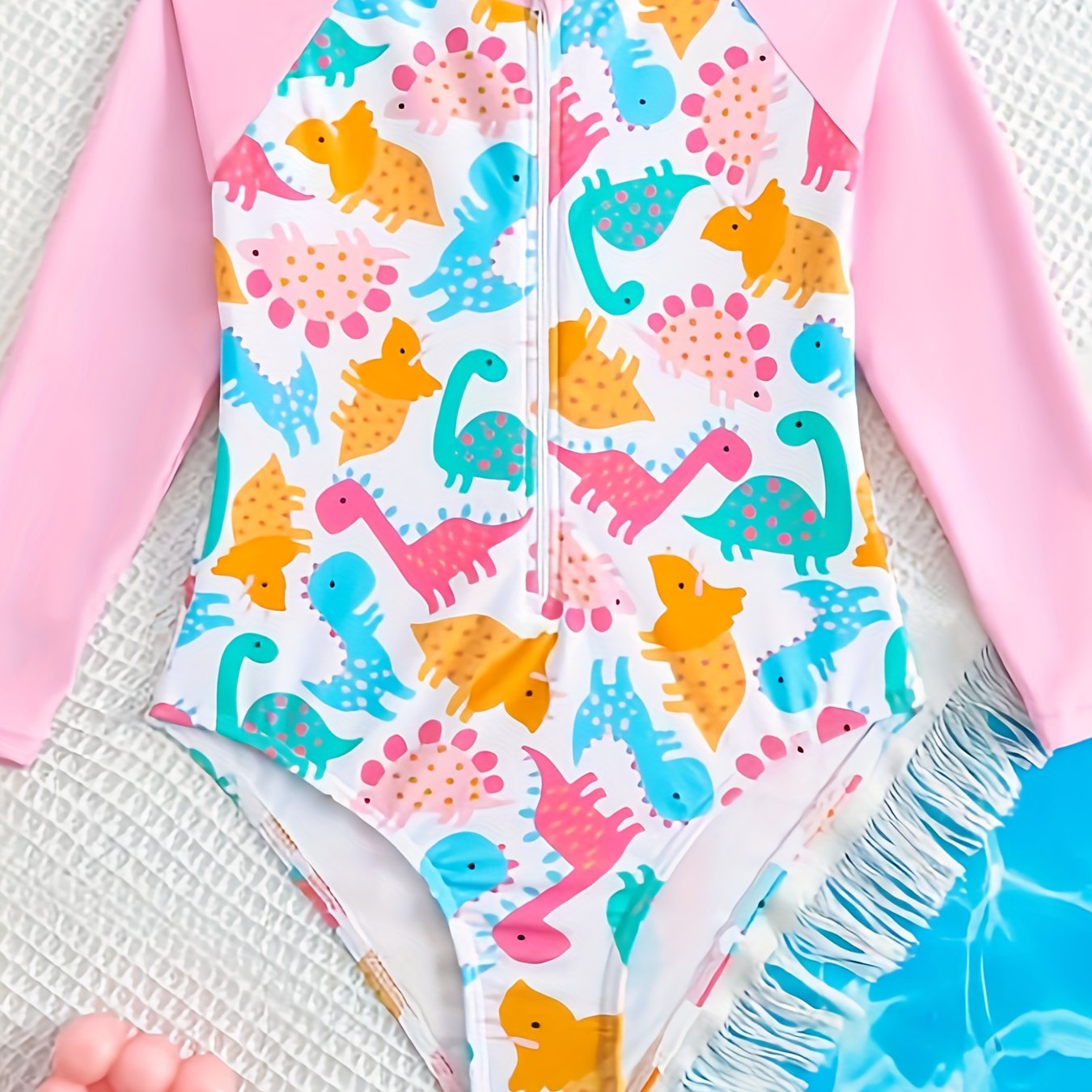 Girls Dino Print Long Sleeve Swimsuit Beach Surfing