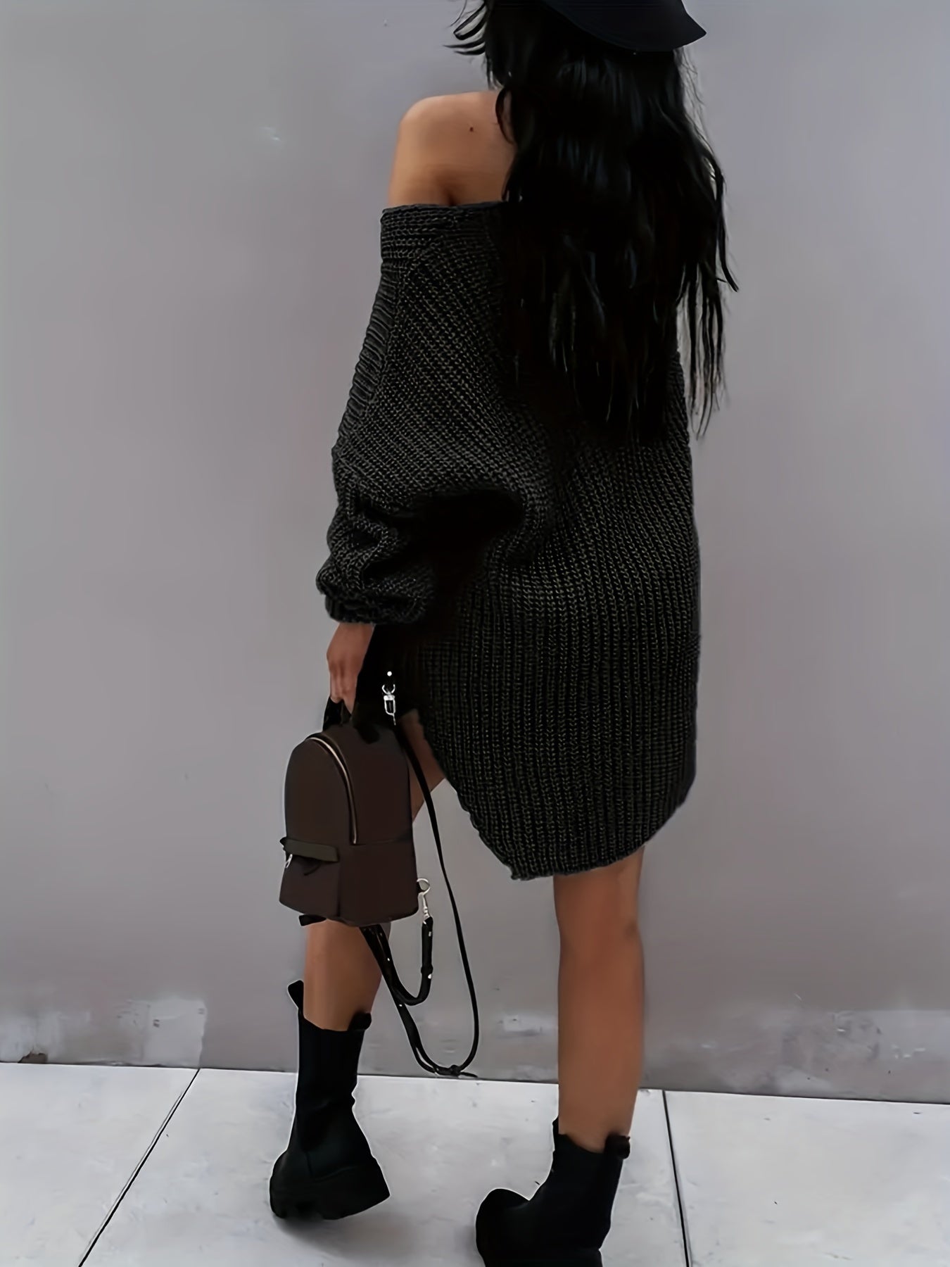 Sexy Sweater Dress One Shoulder Lantern Sleeve V Neck