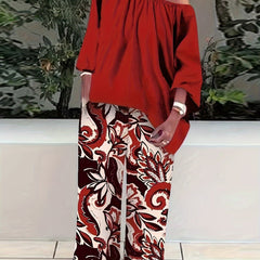 Solid One Shoulder Top & Paisley Print Pants 2 Piece Set