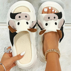 Women's Cow Decor House Slippers Open Toe Slip On Shoes