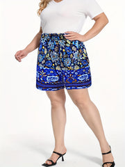 Boho Shorts Women's Plus Floral Border Print Loose Wide Leg