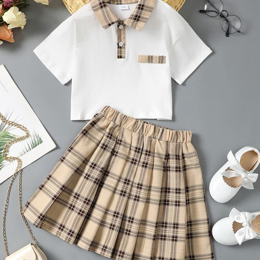 Girls Preppy Patchwork Polo Top & Plaid Skirt Set Summer Clothes