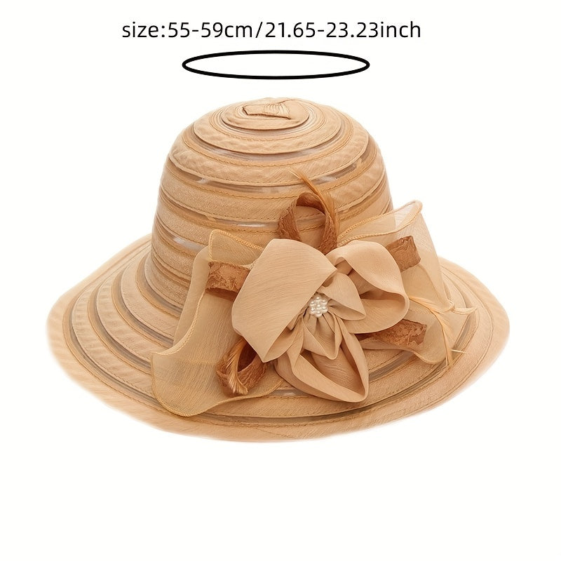 Striped Sun Hat Lace Flower Decor Organza Travel Beach Hats