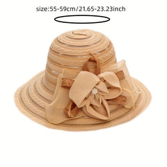 Striped Sun Hat Lace Flower Decor Organza Travel Beach Hats