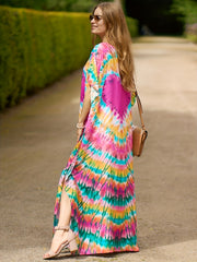 Boho Tie Dye Bat Sleeve V Neck Cover Up Dress