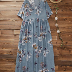 Floral Print Short Sleeve V Neck Loose Dress