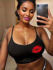 Lips Print Cami Sleep Top Sexy Round Neck Sleeveless Women's Pajamas