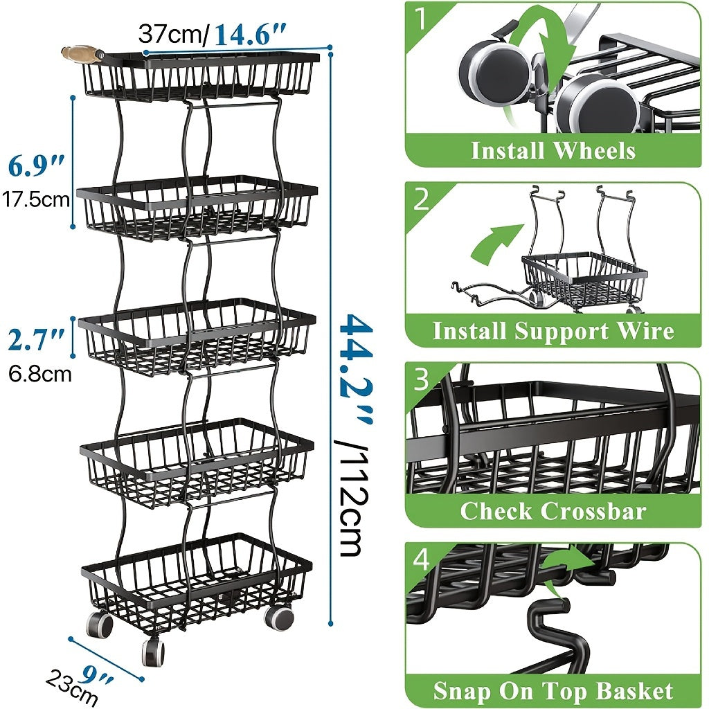 5 Tier Fruit/Vegetable Wire Basket on Wheels for Kitchen Storage
