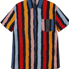 Men's Striped Hawaiian Shirt Button Up Short Sleeve