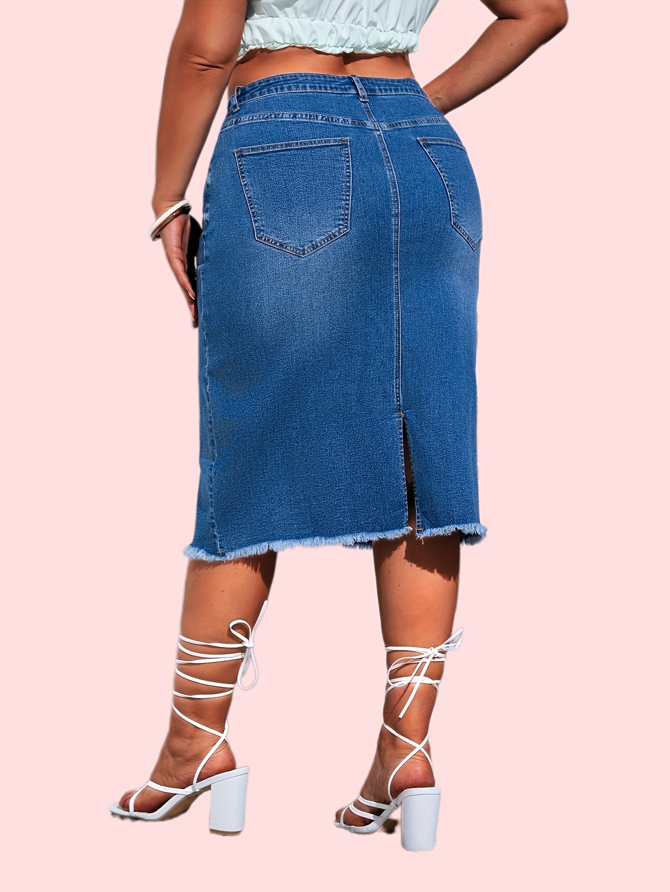 Casual Denim Skirt Women's Plus Solid Raw Trim Button Fly High Rise
