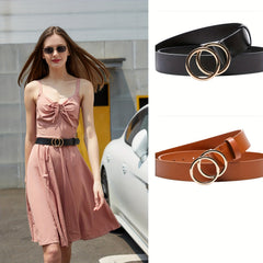 Double O-Ring Buckle PU Leather Belt Casual Waistband for Women
