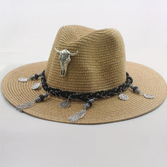 Bohemian Men's Sun Hat with Cow Head Pendant