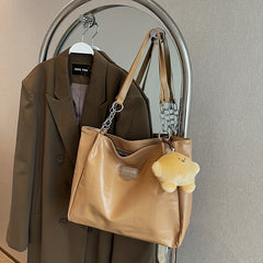 Large Capacity Tote Bag Casual PU Leather Shoulder Bag With Pendant