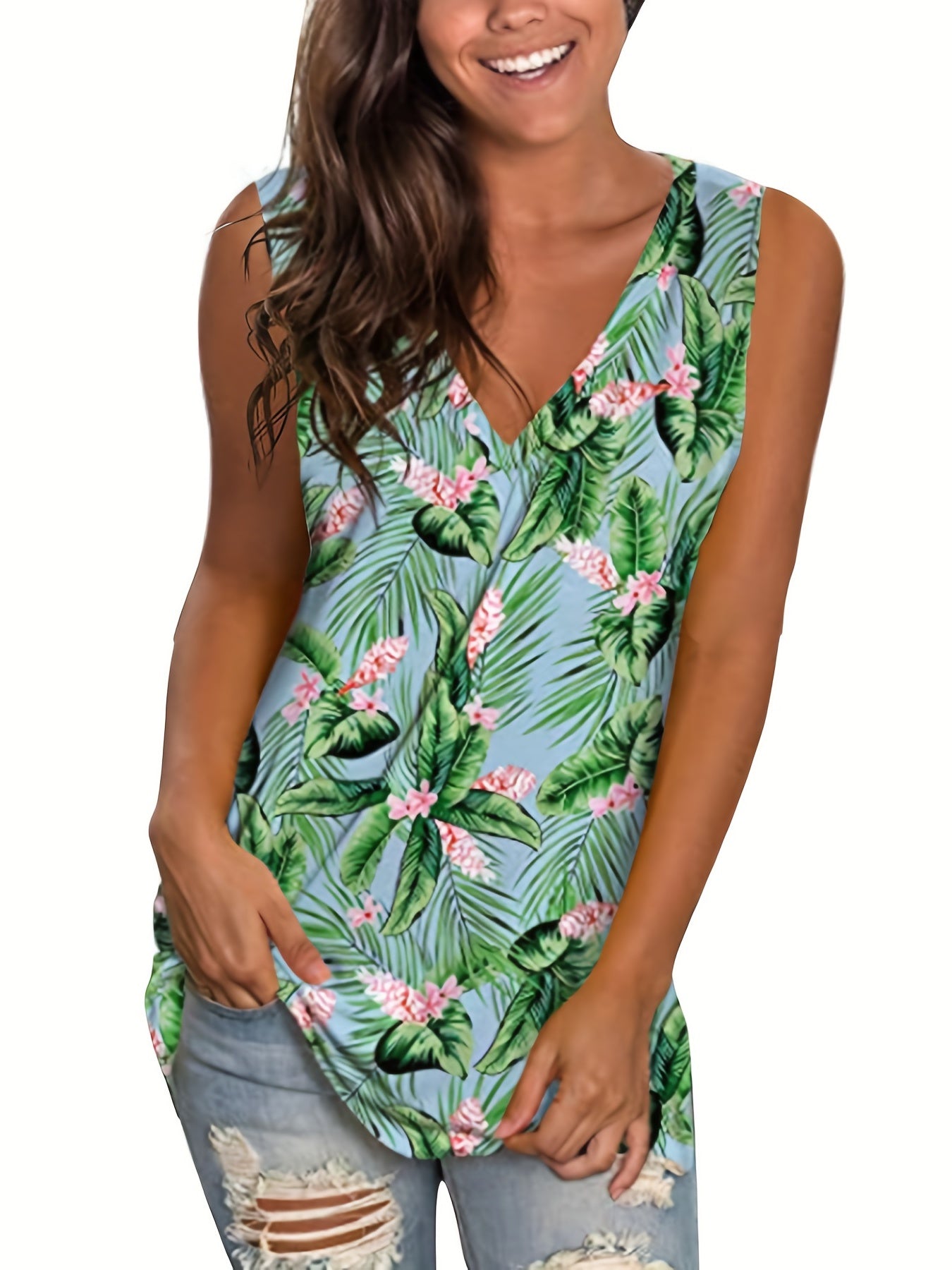 Boho Tank Top Women's Plus Tropical Print V Neck Slight Stretch