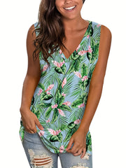 Boho Tank Top Women's Plus Tropical Print V Neck Slight Stretch