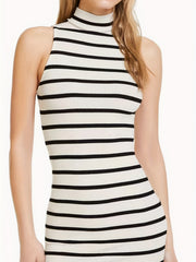 Stripe Print Turtleneck Slit Dress - Sleeveless Dress for Spring & Summer