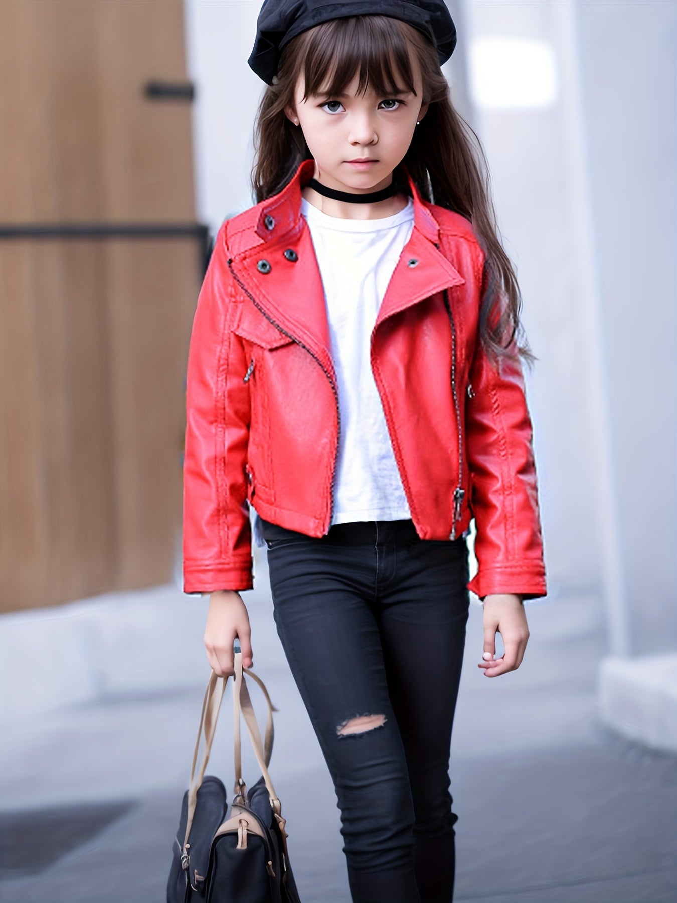 Girls Diagonal Zipper PU Leather Motorcycle Jacket