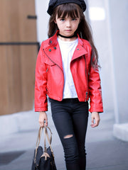 Girls Diagonal Zipper PU Leather Motorcycle Jacket