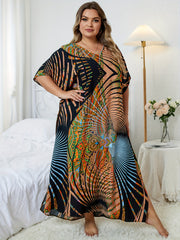Boho Plus Size Cover Up Graphic Print V Neck Maxi Beach Dress