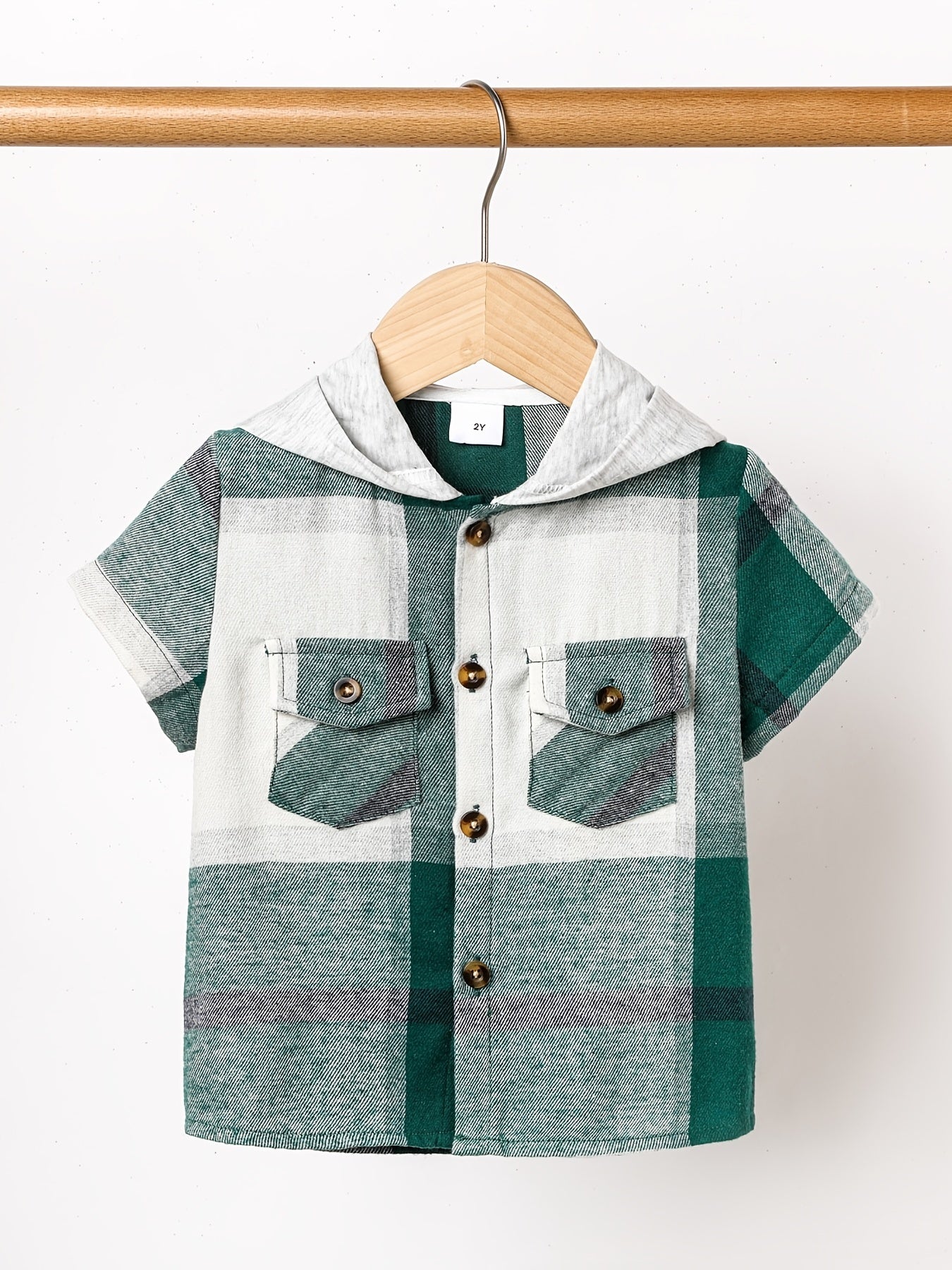 Boys Plaid Shirt Short Sleeves Hood Pocket Casual Kids Clothes