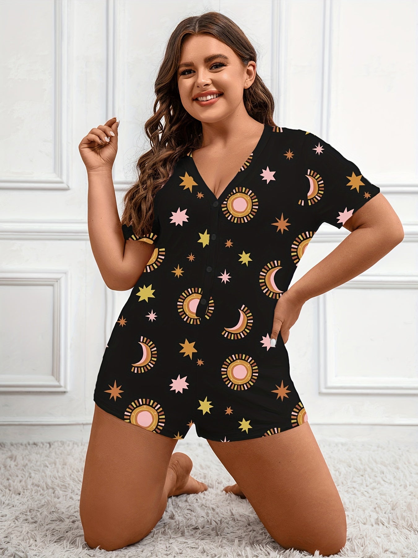 Sun & Moon & Star Print Button Up Romper