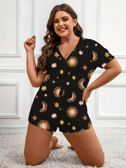 Sun & Moon & Star Print Button Up Romper