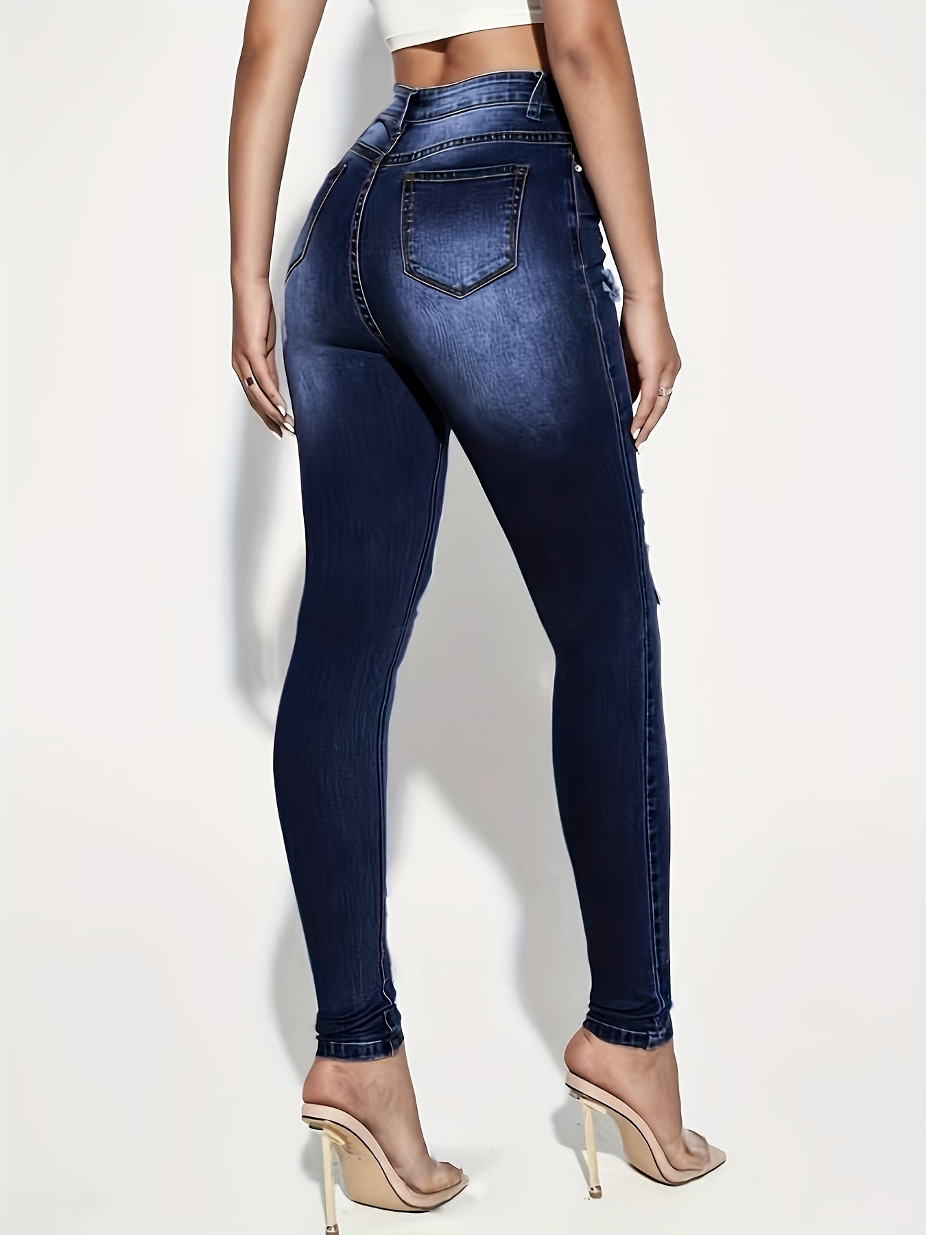High Rise Ripped Thigh Skinny Jeans Dark Denim Pants