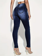 High Rise Ripped Thigh Skinny Jeans Dark Denim Pants