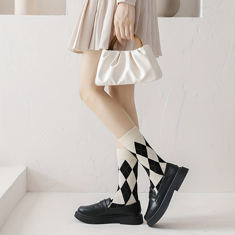 3 Pairs Argyle Print Socks Soft & Comfy Women's Mid Tube Stockings