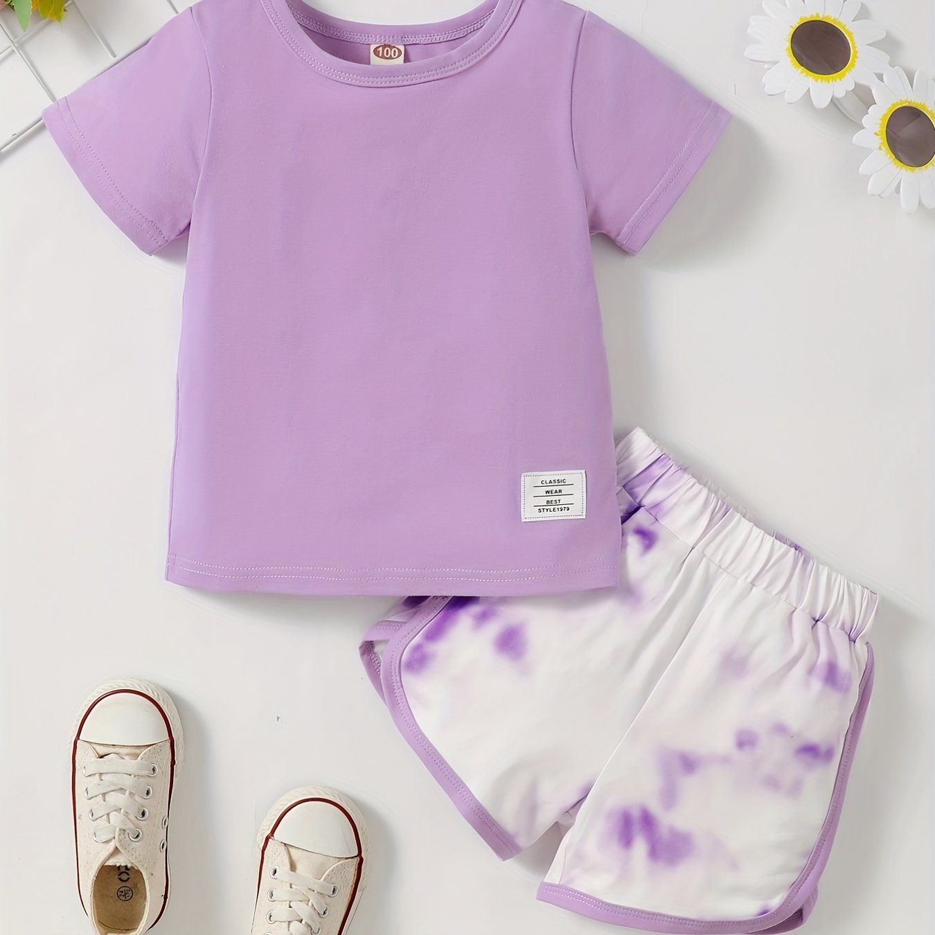 2pcs Toddler Girls Cotton T Shirts Top & Tie Dye Contrast Shorts Set