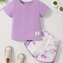 2pcs Toddler Girls Cotton T Shirts Top & Tie Dye Contrast Shorts Set