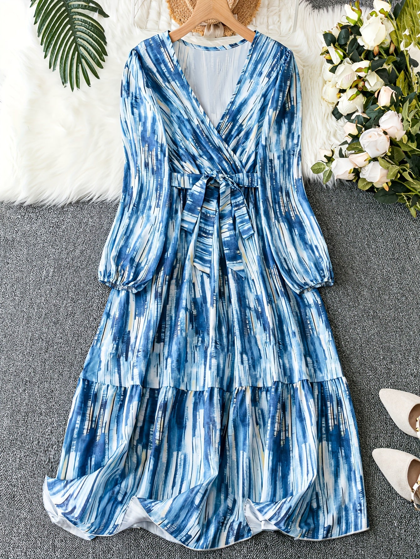 Plus Tie Dye Lantern Sleeve Smock Maxi Dress