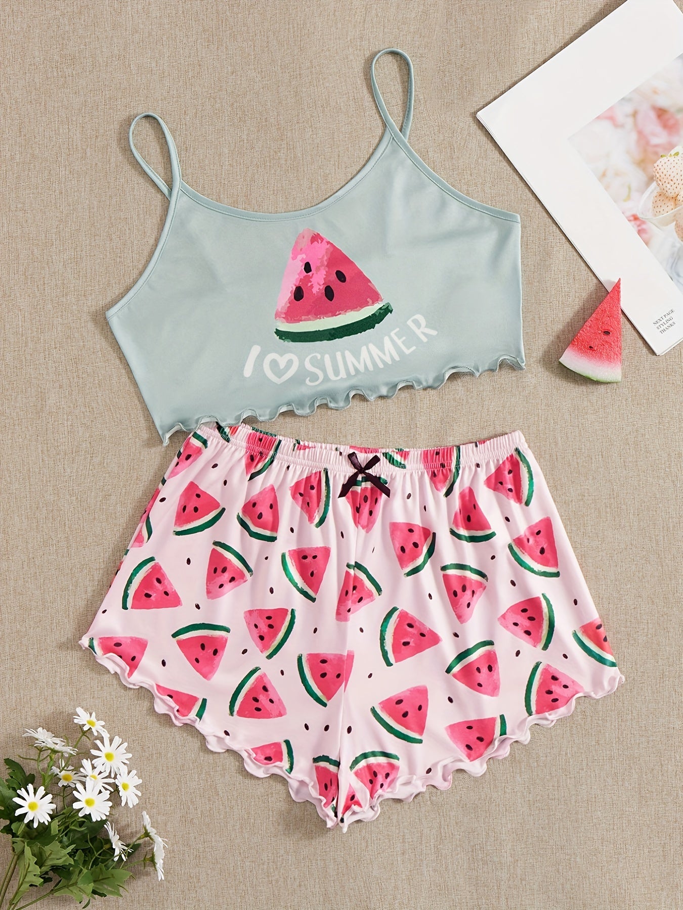 Watermelon Print Pajama Set Cami Top & Shorts Women's Sleepwear