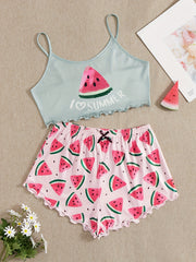 Watermelon Print Pajama Set Cami Top & Shorts Women's Sleepwear