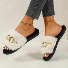 Women's Chain Decor Slippers Round Open Toe Slip On Shoes Plush Comfortable