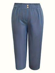 Wide Leg Trousers with Pockets - Elastic High Rise